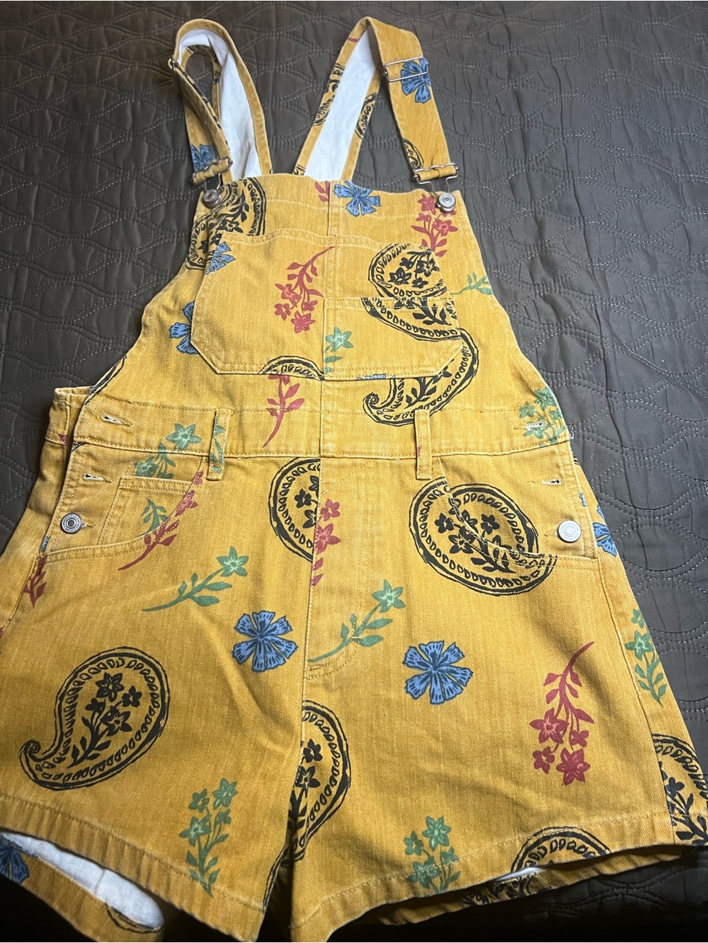 We The Free Mustard Yellow Floral & Paisley Short Overalls